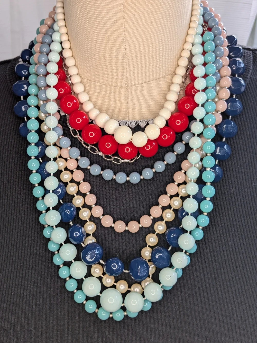 6pc Vintage Plastic Acrylic Bead Necklace Lot Mod Chunky Red Navy Pastel